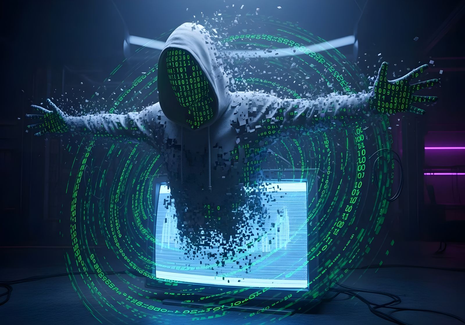 Green Digital Figure Emerges from Monitor in Cyberpunk Style