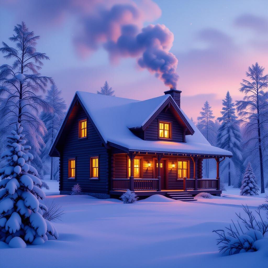 Cozy Cabin in Blizzard: Hyperrealistic Digital Art