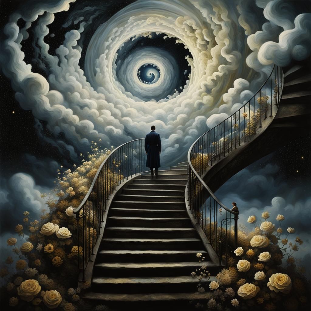 Surreal Staircase to Vortex in Dreamlike Painting