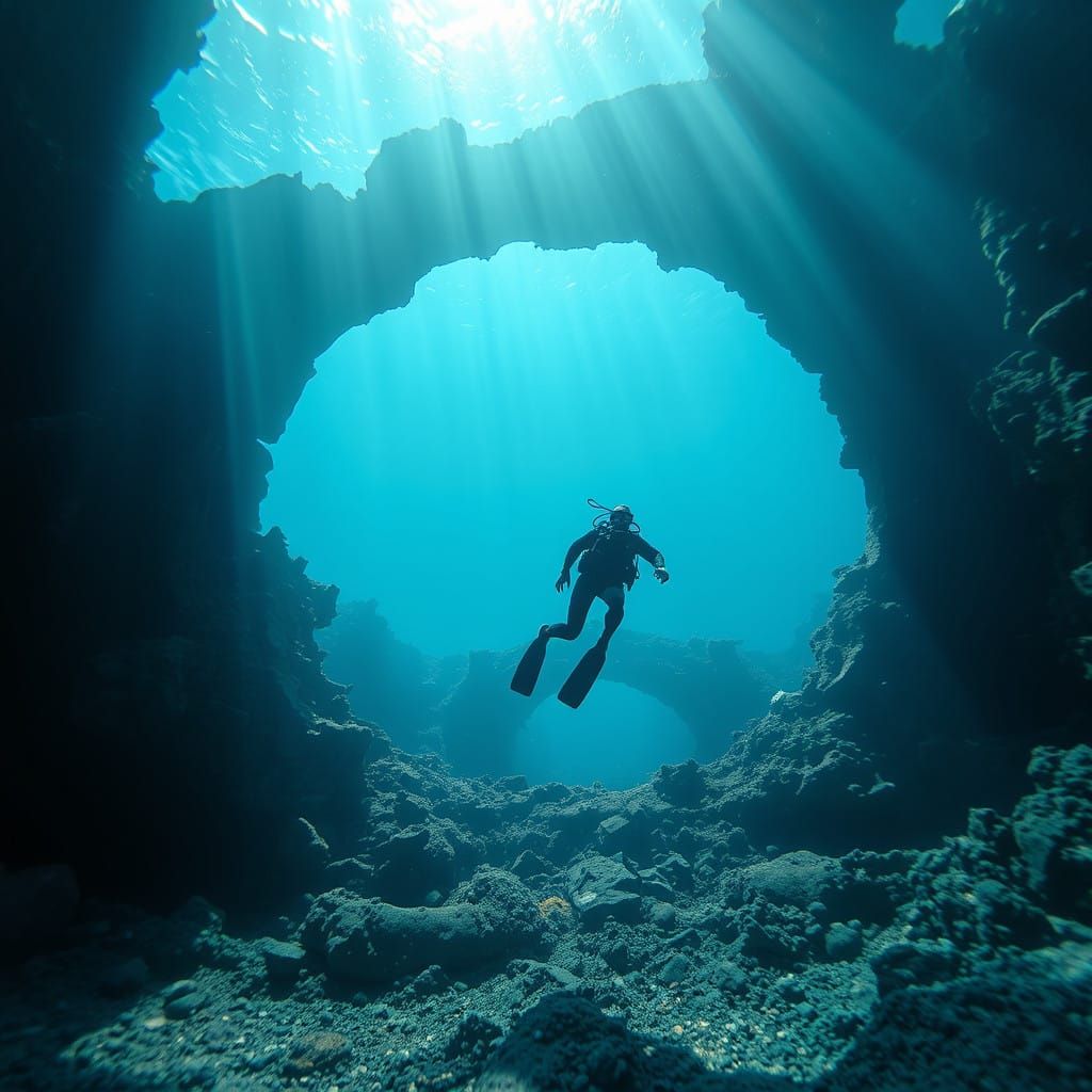 Diver Amidst Ancient Ruins in a Mesmerizing Caustic Haze