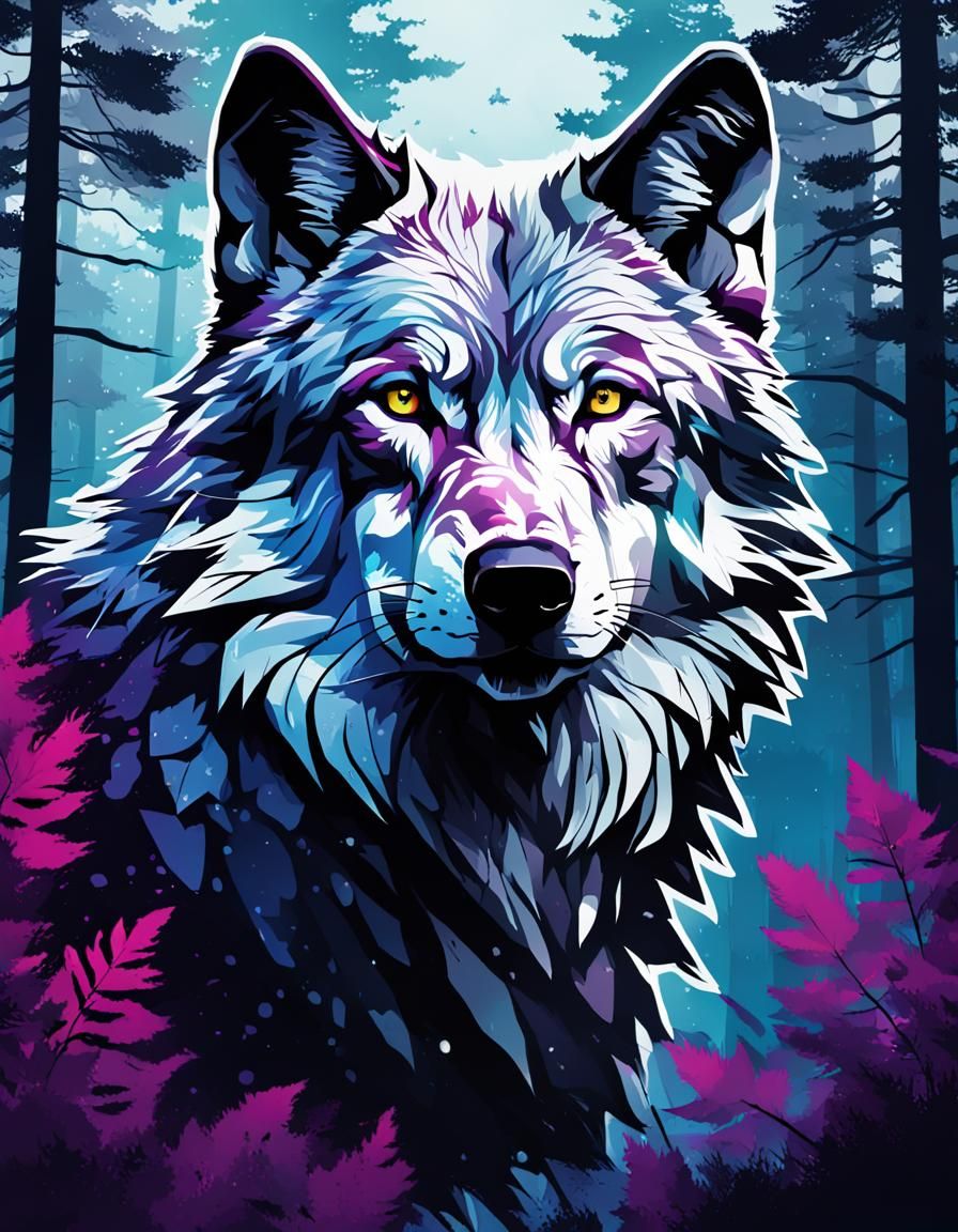 Purple Trash Polka Wolf Head with Forest Design