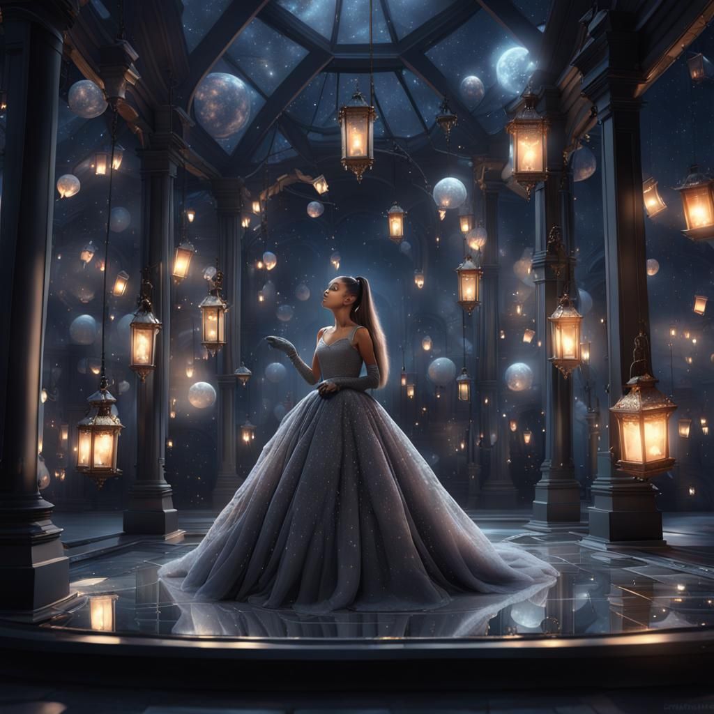 Ariana Grande in Gray Dress with Starry Night