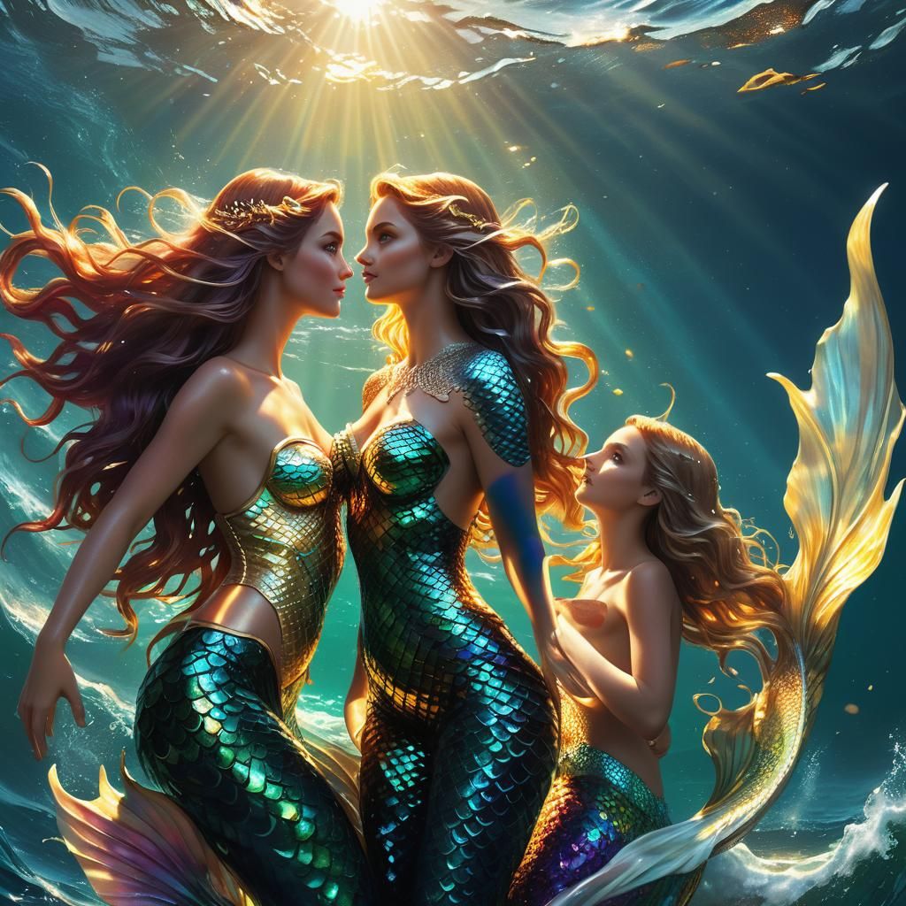 Siren and Mermaid Confrontation in Radiant Oceanic Depths