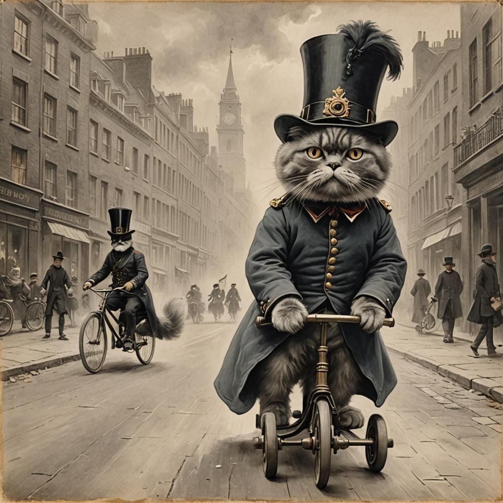 Persian Cat Skateboarding in London Fog as Charcoal Drawing