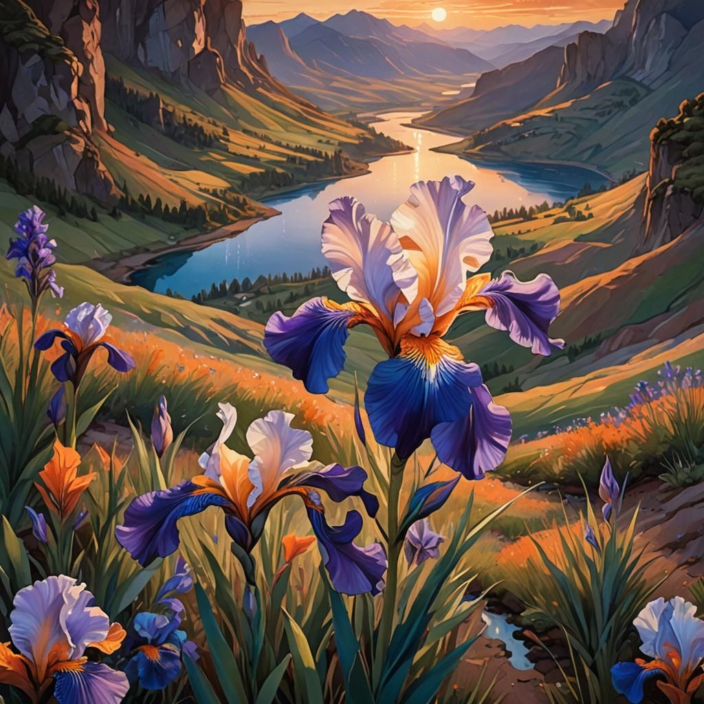 Iris Flower in Sunset Valley: Fantasy Concept Art