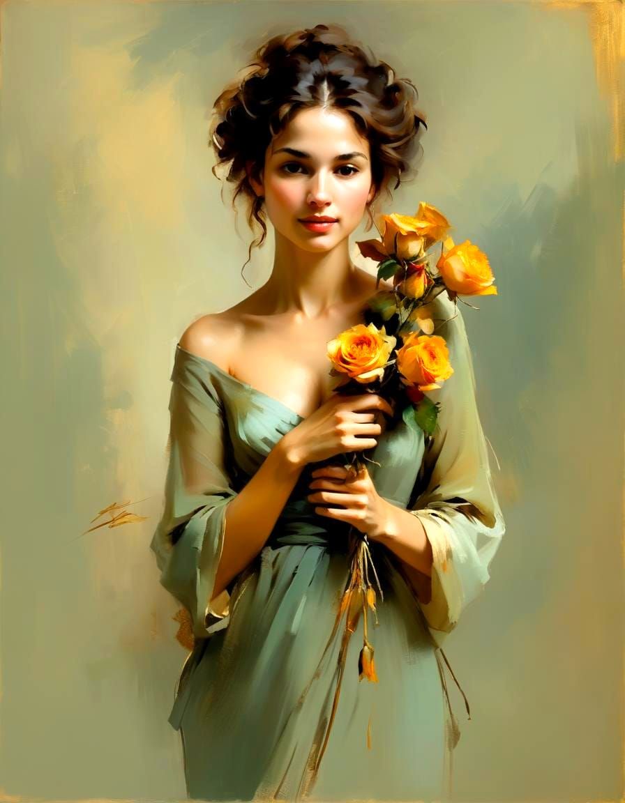 Woman with Roses: Oil Painting in Rembrandt Style