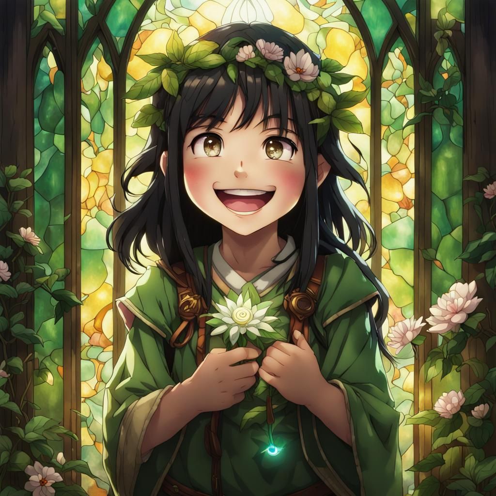 Joyful Druid Girl Finds Flower in Anime Style
