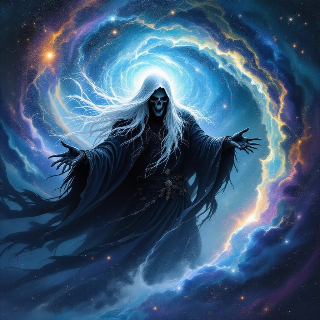 Grim Reaper Emerges from Cosmic Vortex, Cosmic Horror Style