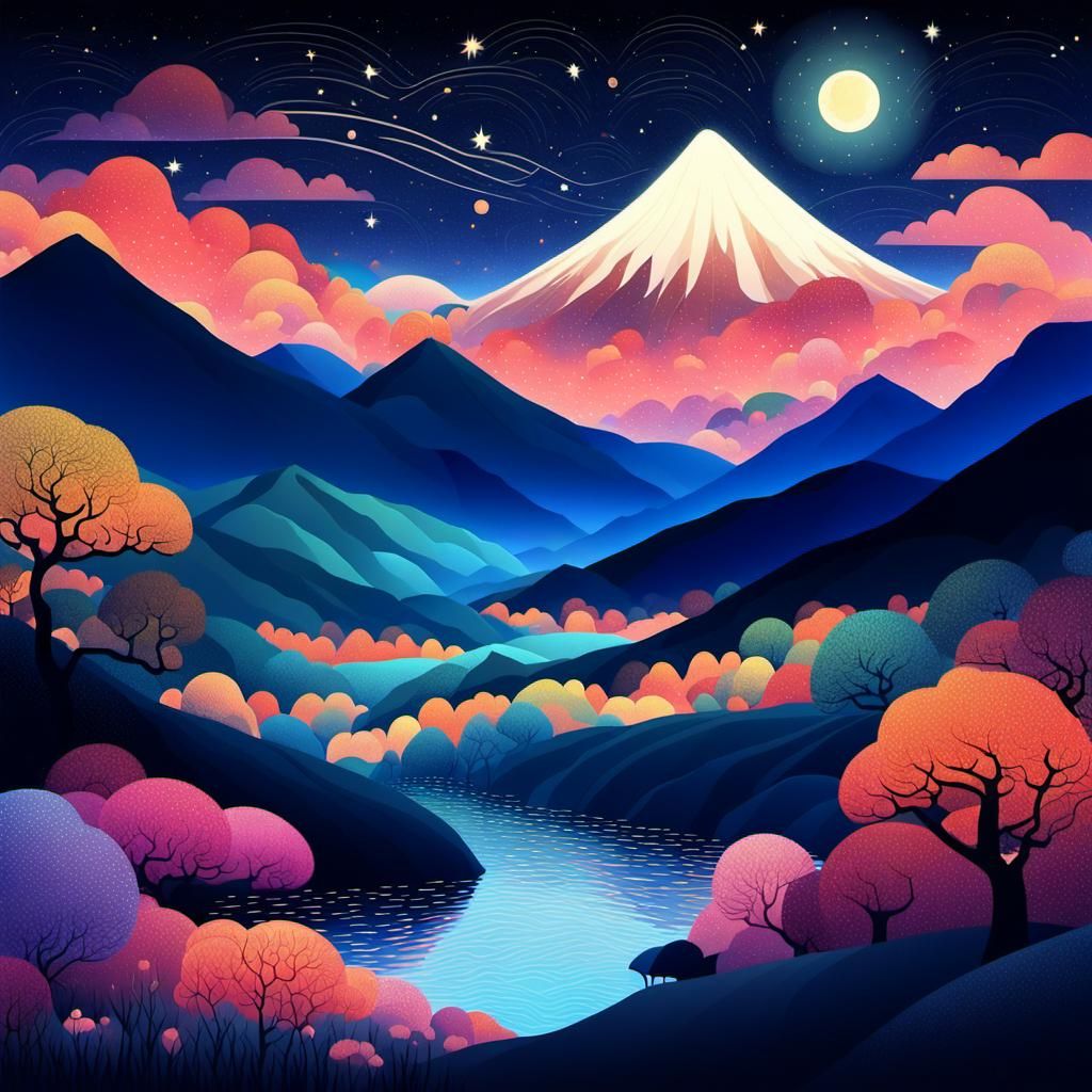 Ethereal Night Landscape in Art Nouveau Style