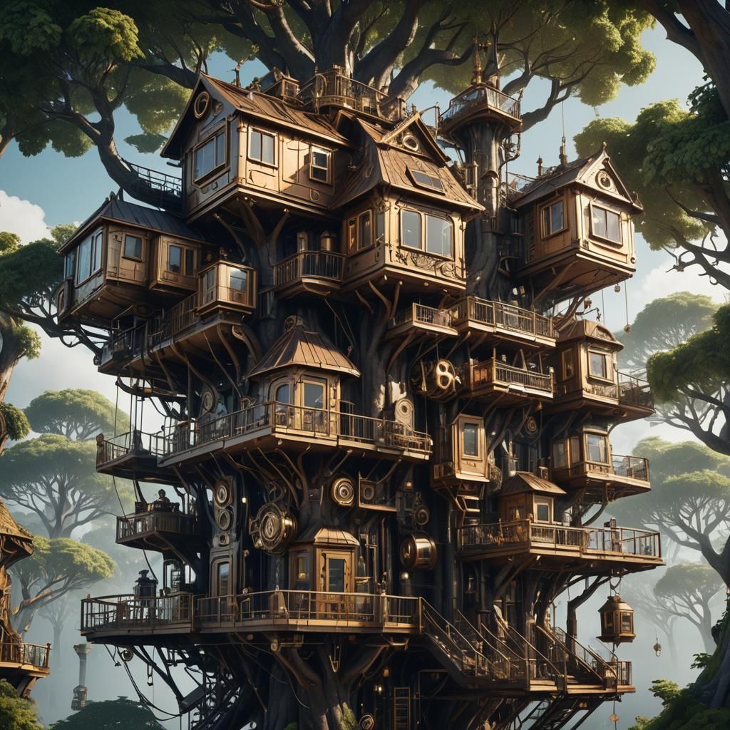 Futuristic Steampunk Treehouses with Polished Metal Details