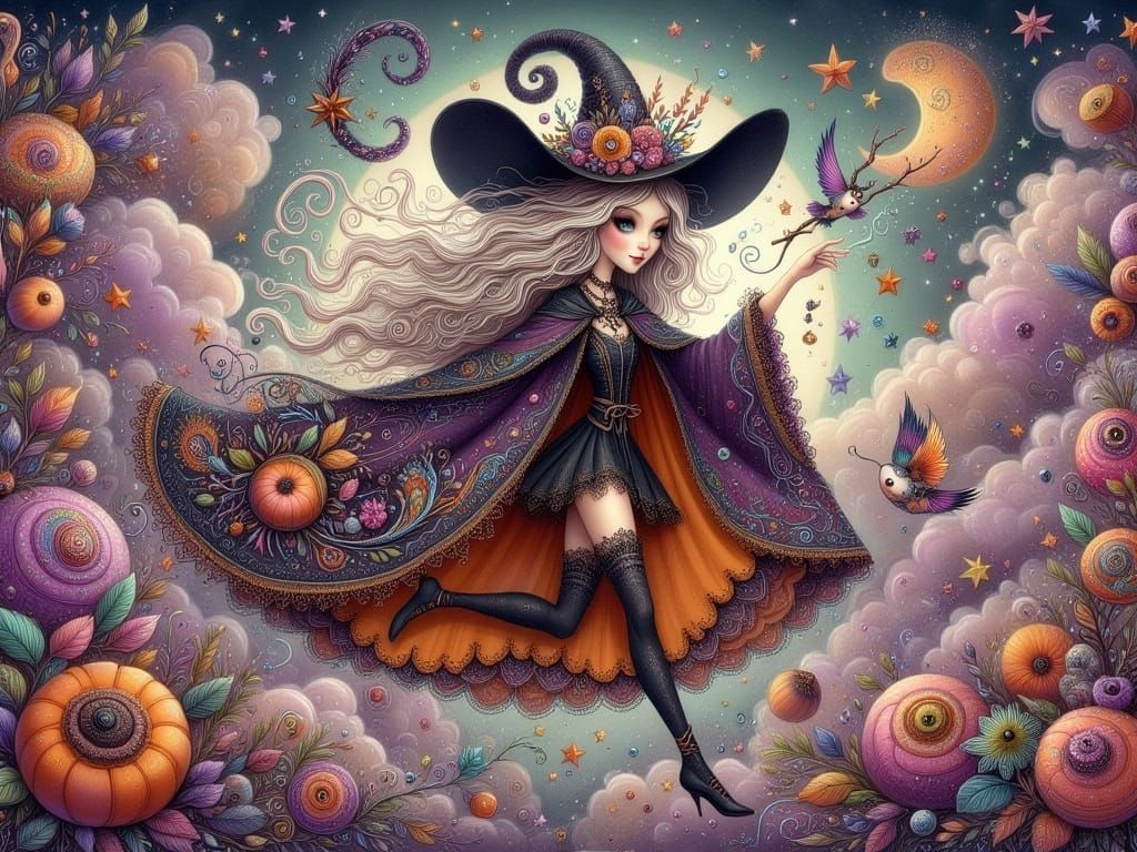 Whimsical Goth-Punk Witch in Vivid Colors