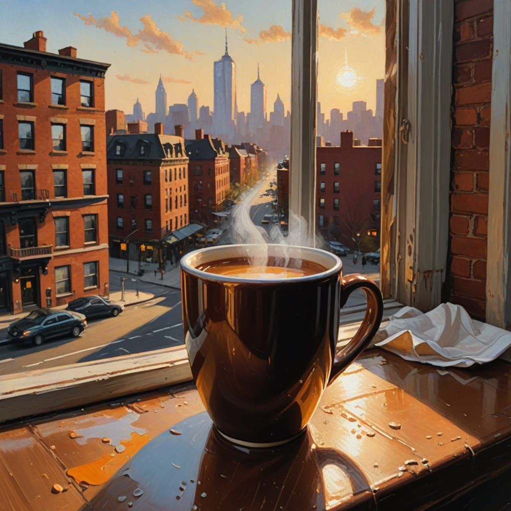 Steaming Mug of Hot Chocolate Overlooking Brooklyn Street