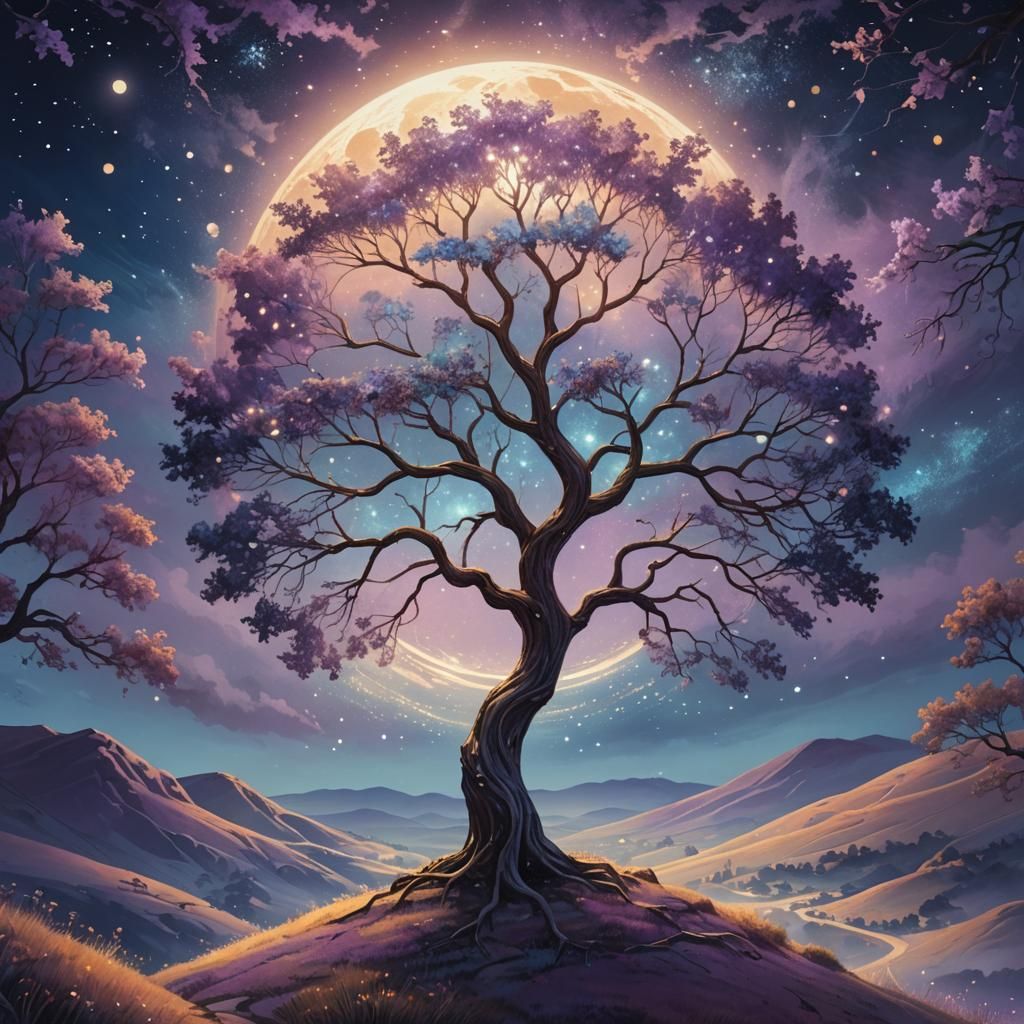 Glowing Tree of Life Under Moonlight: Celestial Illustration
