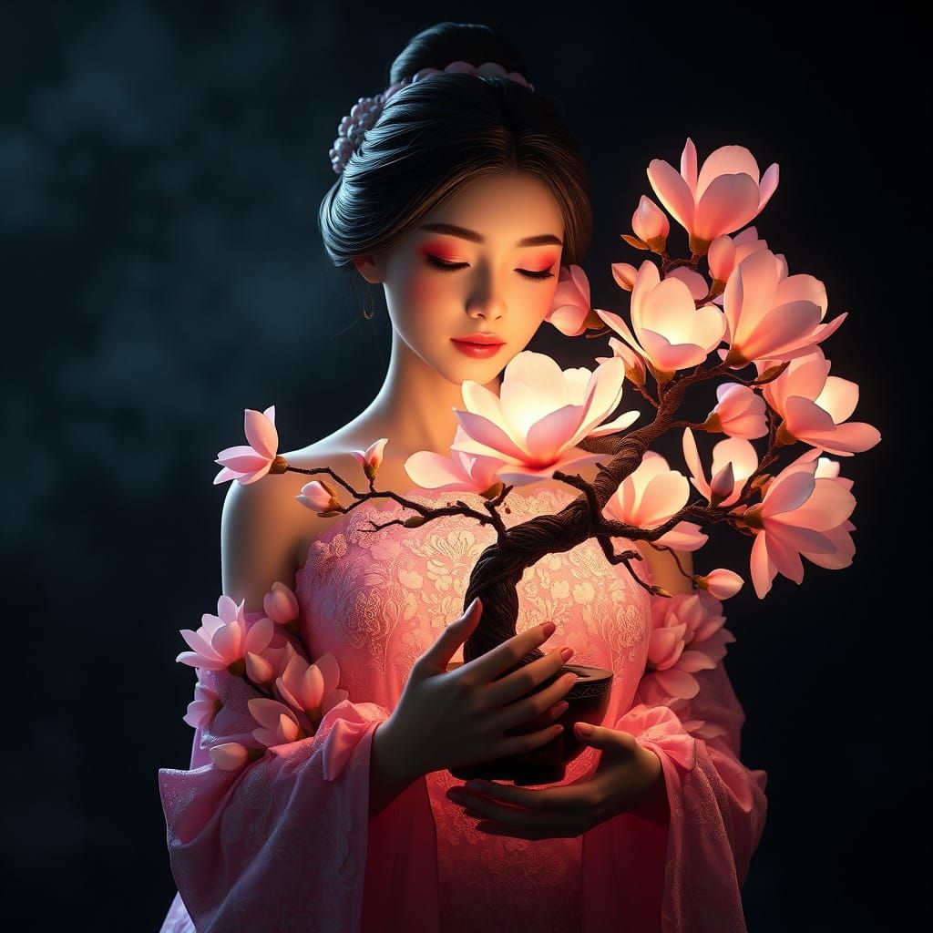 Woman in Ethereal Glow of Blossoming Magnolia Bonsai Tree