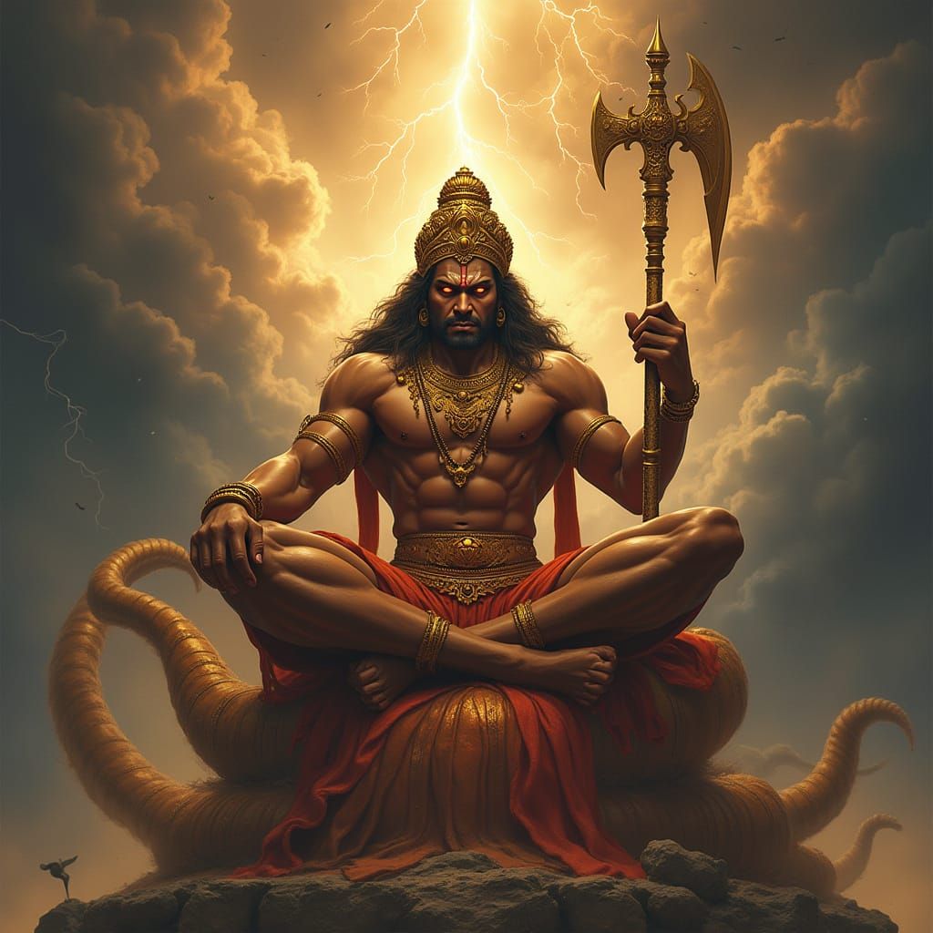 Fierce Lord Hanuman on Tail Throne with Mace