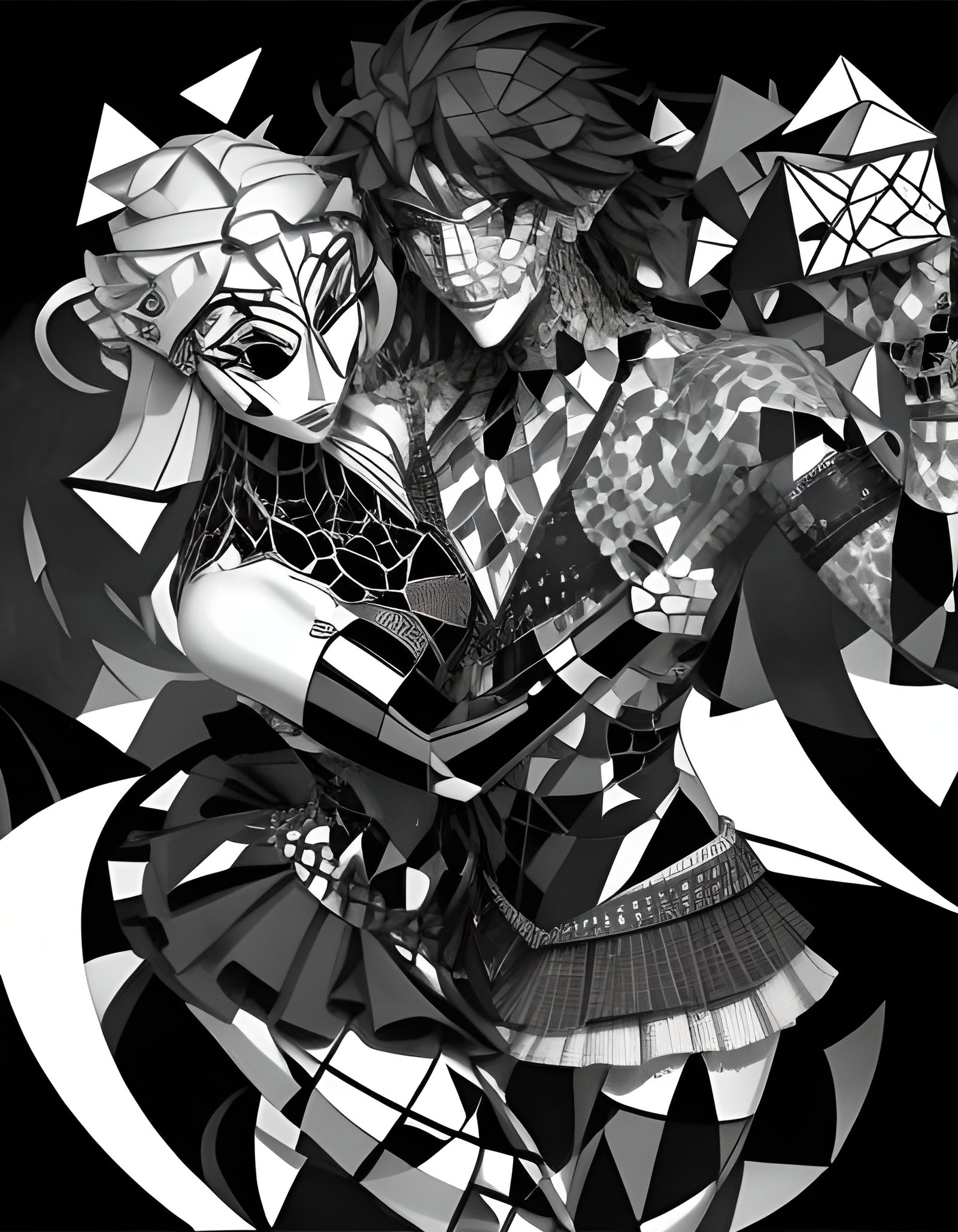 Cubist Yin Yang in Monochrome Style