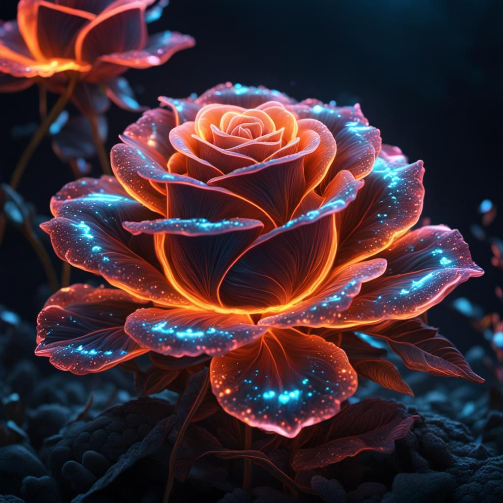 Neon Bioluminescent Crystal Rose: Digital Matte Painting