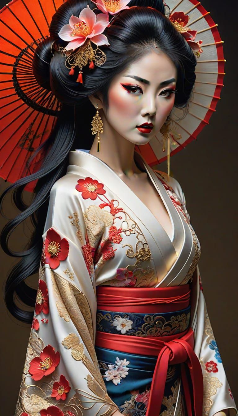 Ethereal Japanese Geisha in Intricate Calligraphy