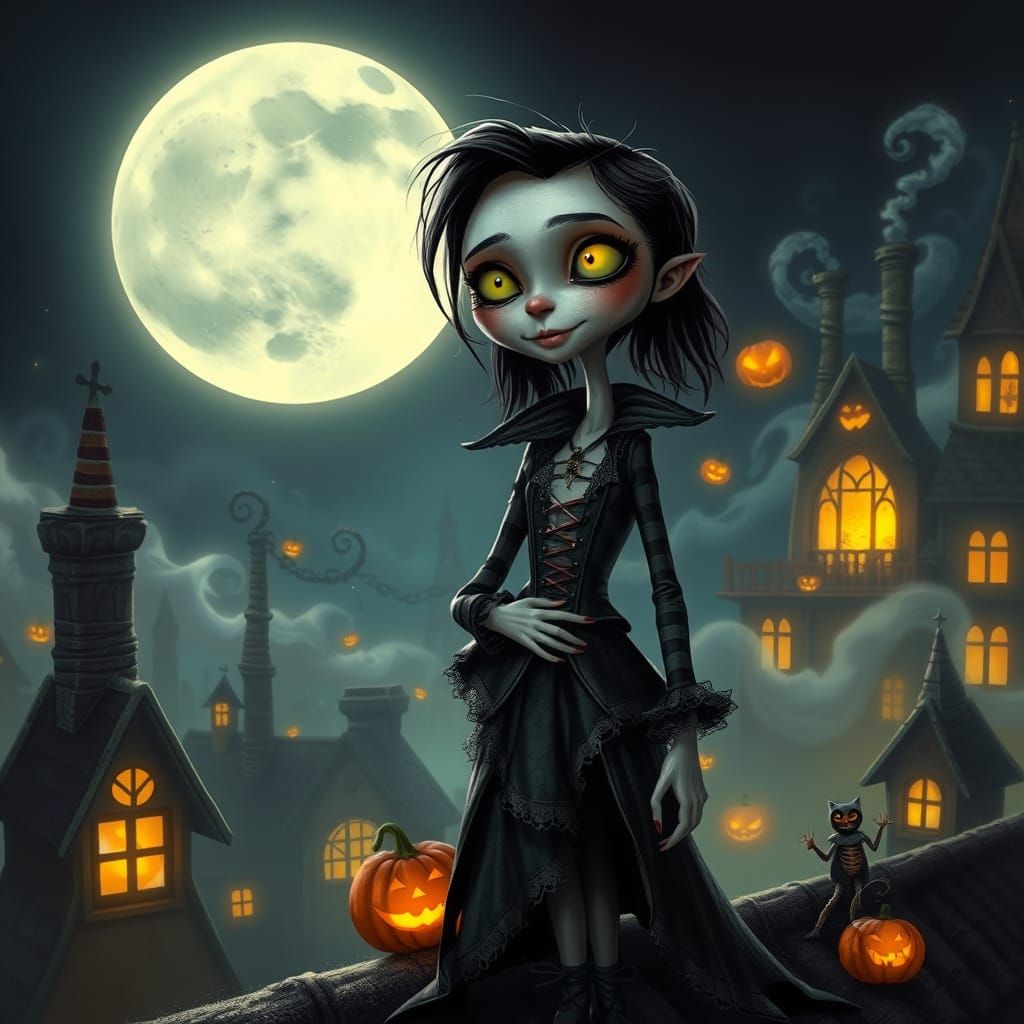 Whimsical Halloween Rooftop Scene in Tim Burton Style