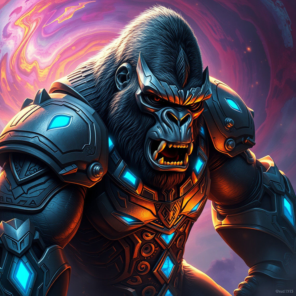 Armored Gorilla Mecha with Psychedelic Background