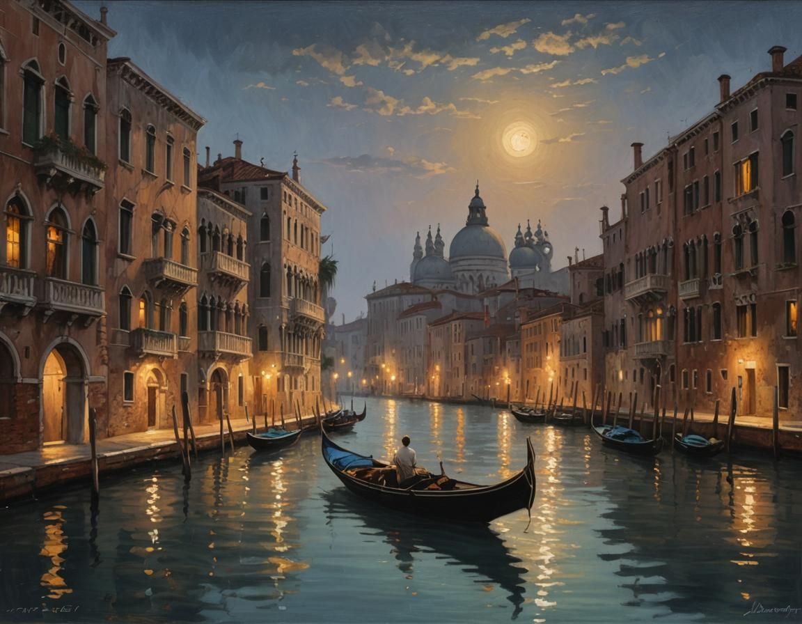 Venice Canal at Night as Luminous Oil Painting