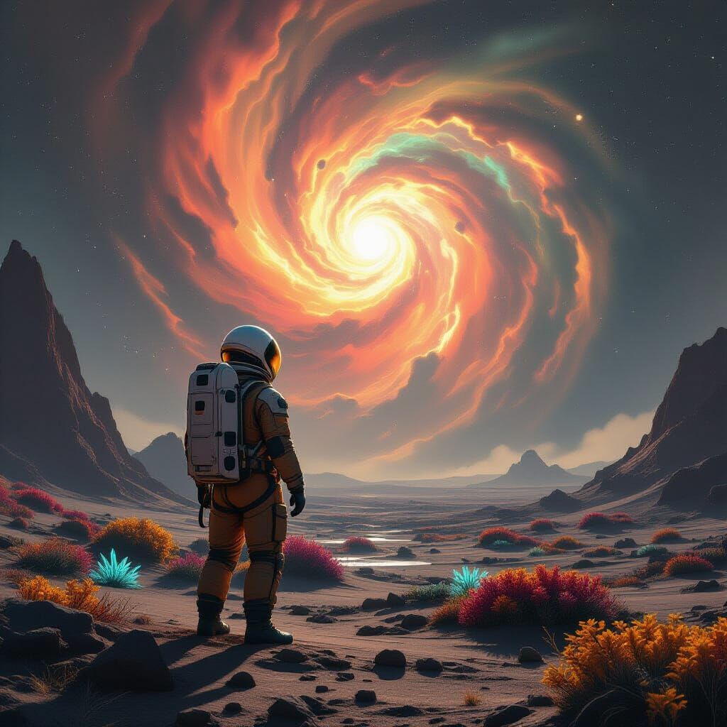 Astronaut on Alien Planet Gazing at Nebula
