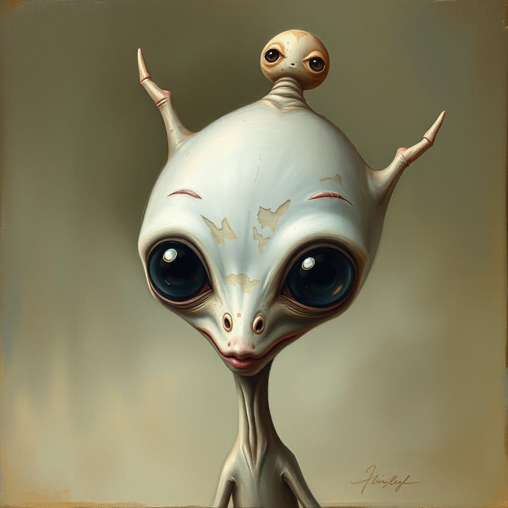 Surreal whimsical painting of a ??? with elongated forms, exaggerated proportions, large glossy eyes. Mix of alien and ?...