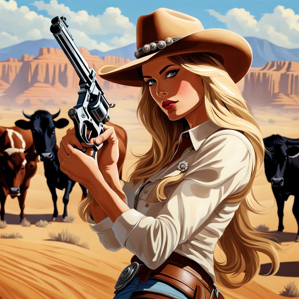 Blonde Cowgirl Cleans Revolver in Desert