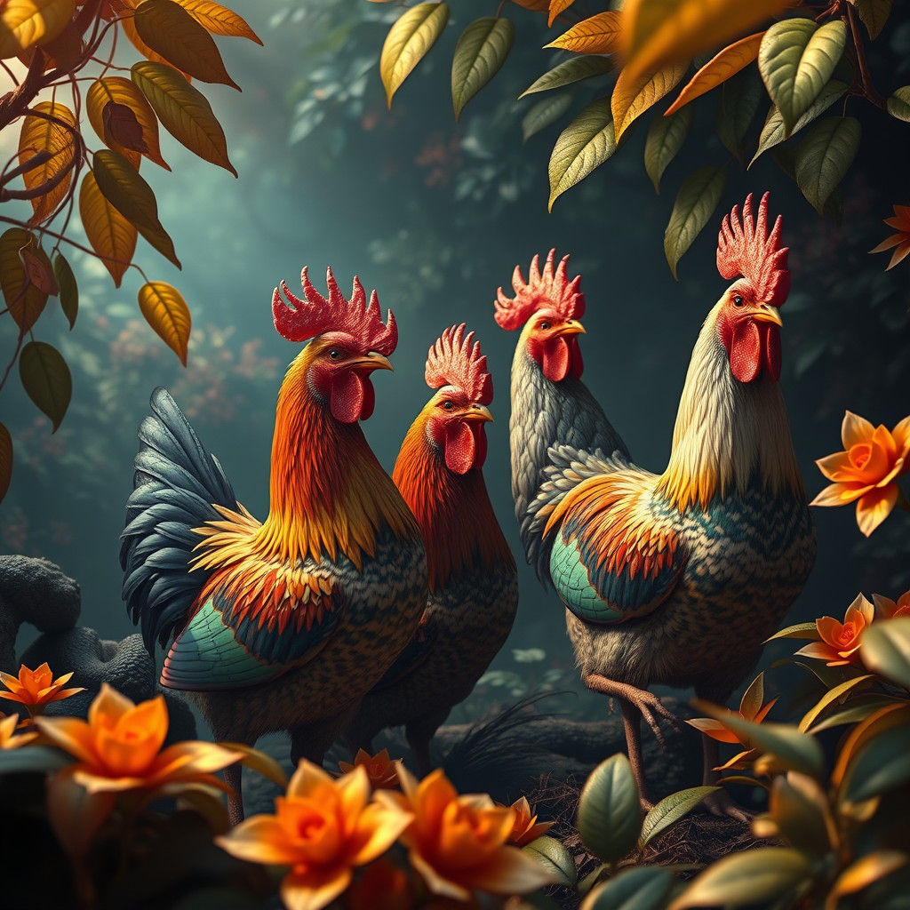Ornate Chickens in Mystical Foliage: Detailed Matte Painting
