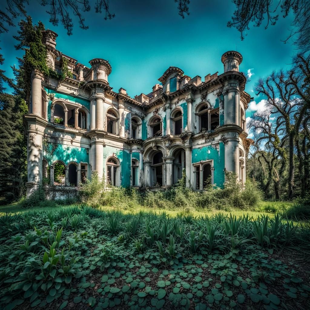 Abandoned Turquoise Mansion Ruins with Garden