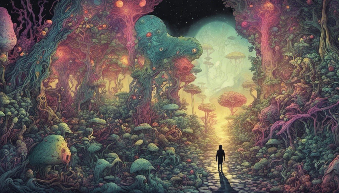 Psychedelic Alien Elf in a Dark Forest Panorama