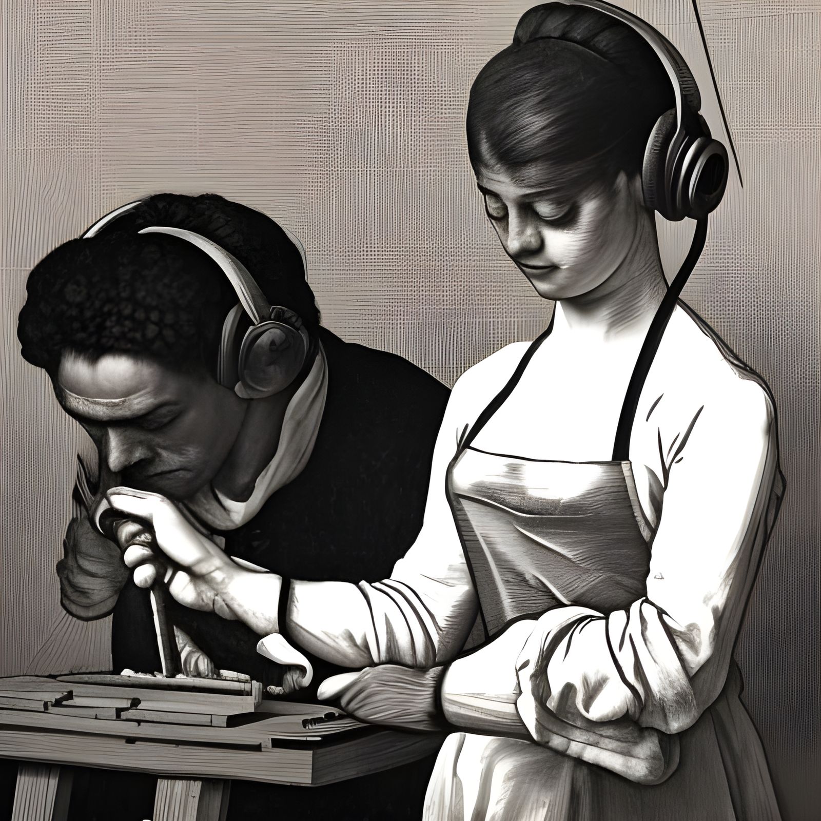 18th Century Workers Forging Scissors, Linocut Style