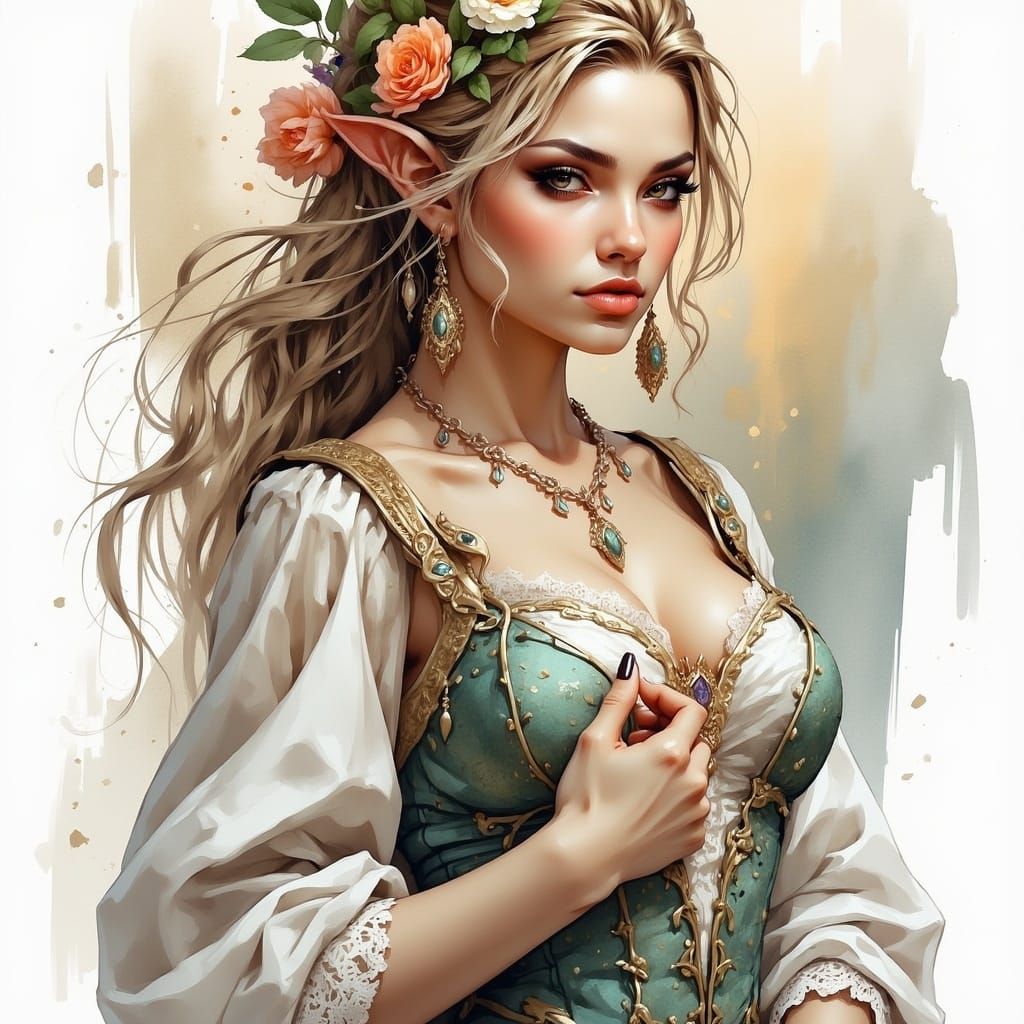 Elegant Elf Girl Portrait in Ink and Watercolor