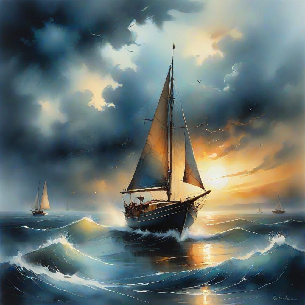 Alien Sailing Boat in Stormy Aquarelle