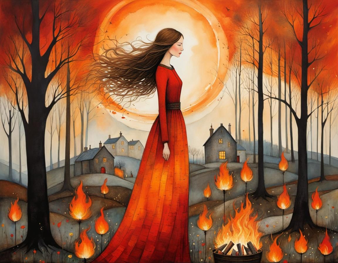 Whimsical Woman Surrounded by Fire Illustration