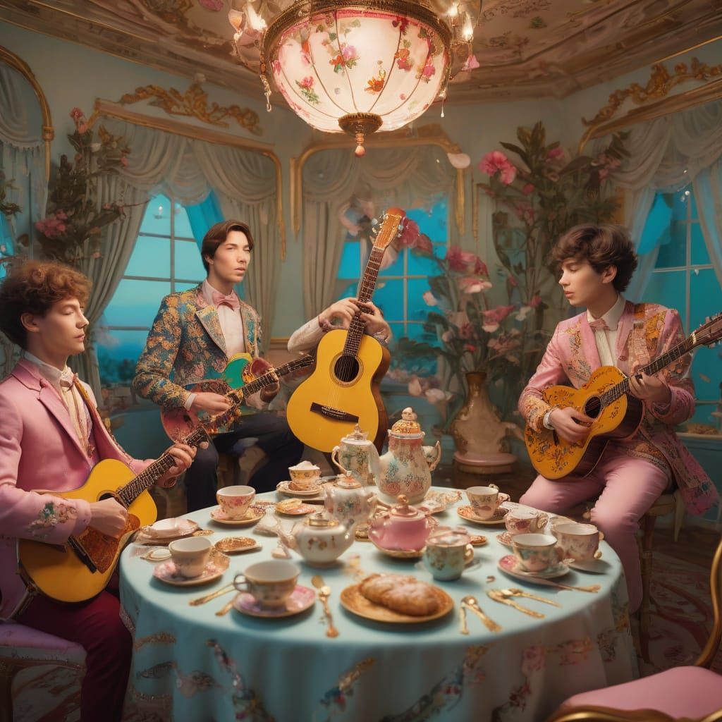 Whimsical Musicians at a Dreamlike Tea Party in Vibrant Surr...