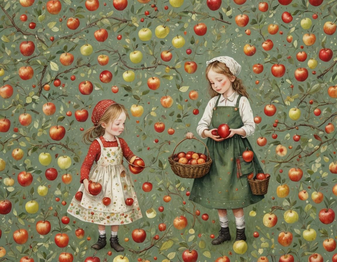 Girl Collecting Apples: Intricate Pen and Ink Art