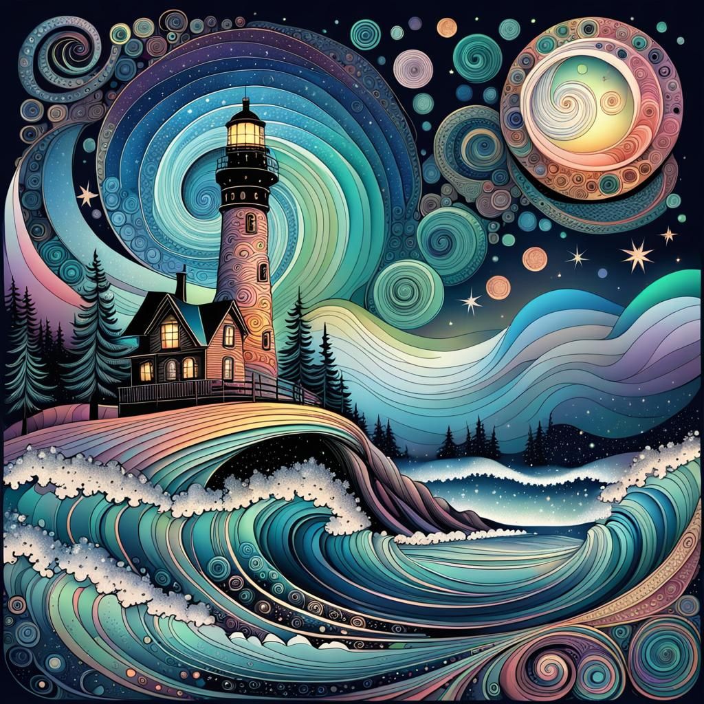 Colorful Winter Lighthouse Scene in Zentangle Style