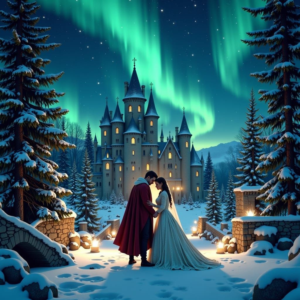 Regal Winter Kingdom with Snowy Couple and Northern Lights