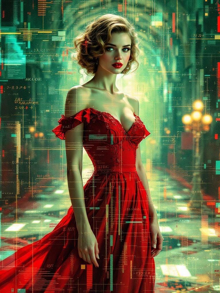 1950s Pin-Up Glitch Art in Impressionist Style