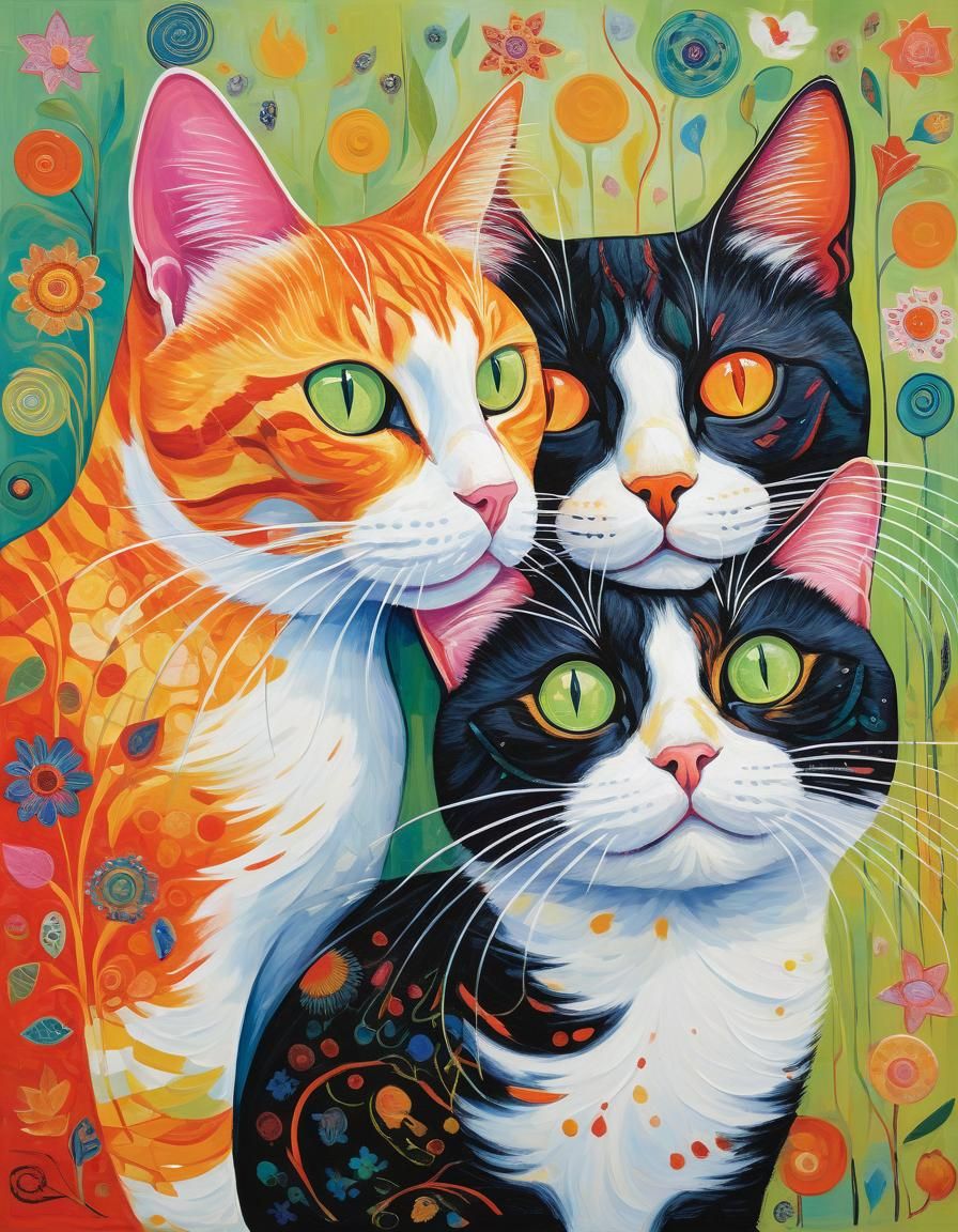 Vivid Painting of Two Uniquely Colored Cats