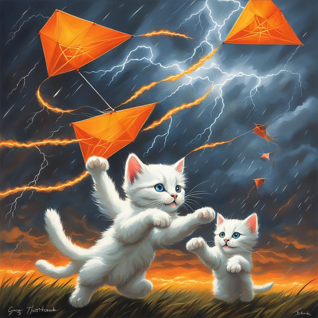 Two white kittens flying orange kites in a lightning storm