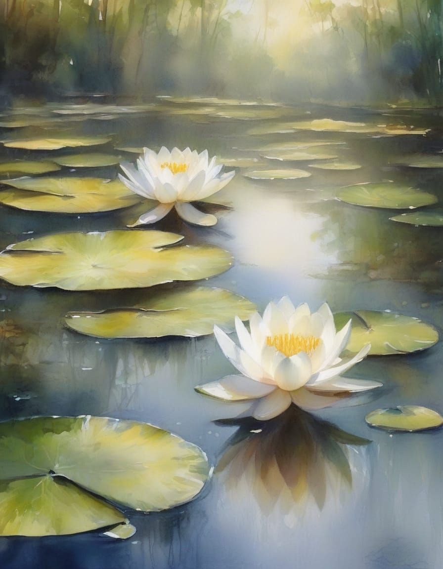 Water Lilies in Forest Morning Sunlight Watercolor Style