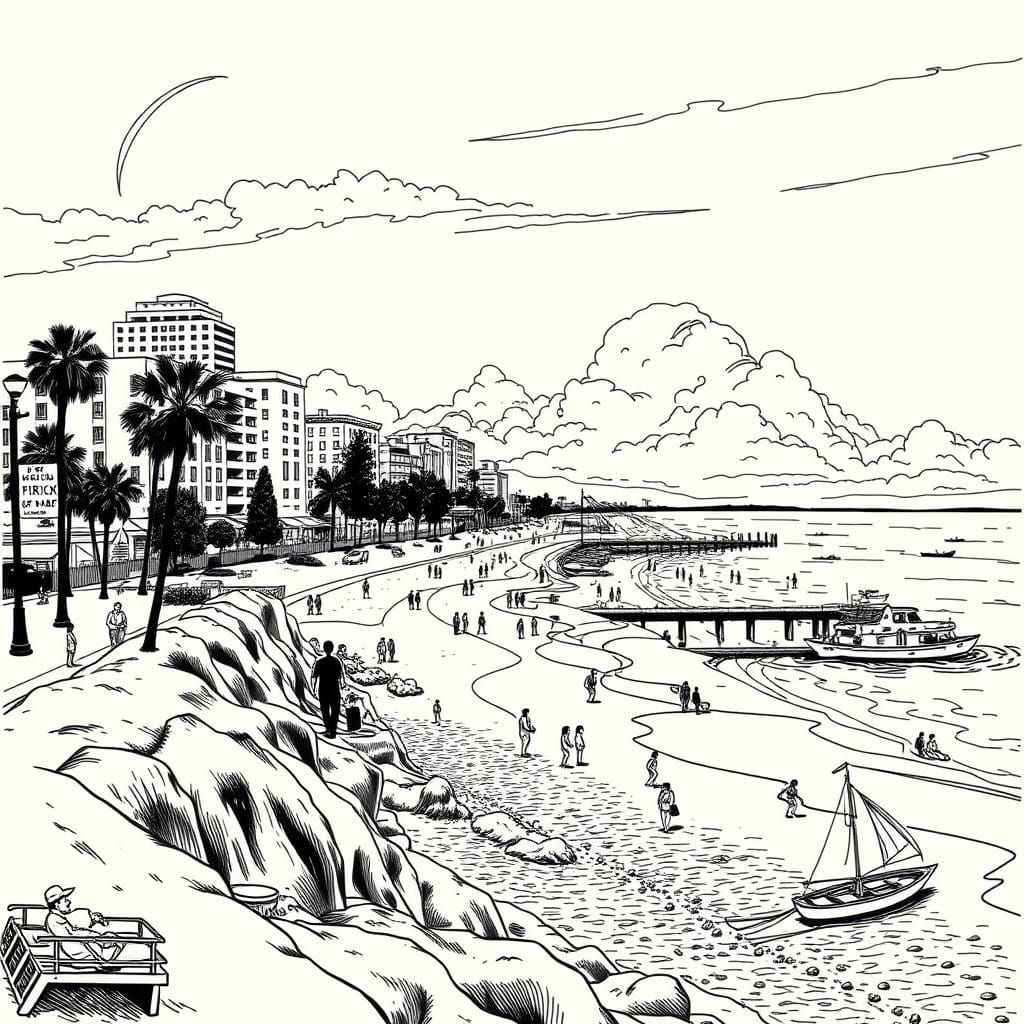Vintage Long Beach Scene in Comic Art Style
