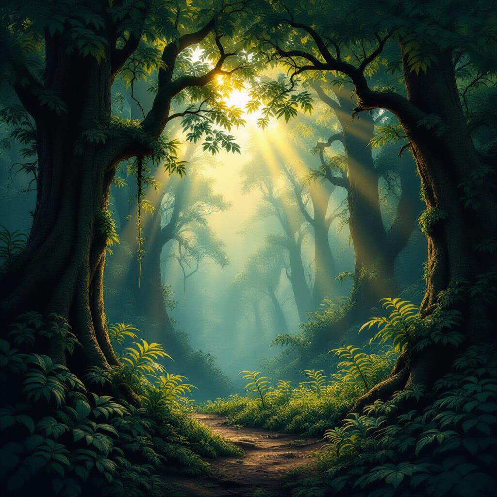 Through the dense forest, the sun's rays creep through the b...