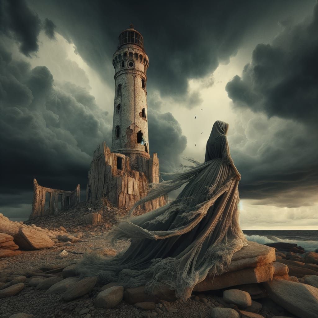 Ethereal Woman Beside Ruined Lighthouse on Stormy Shore