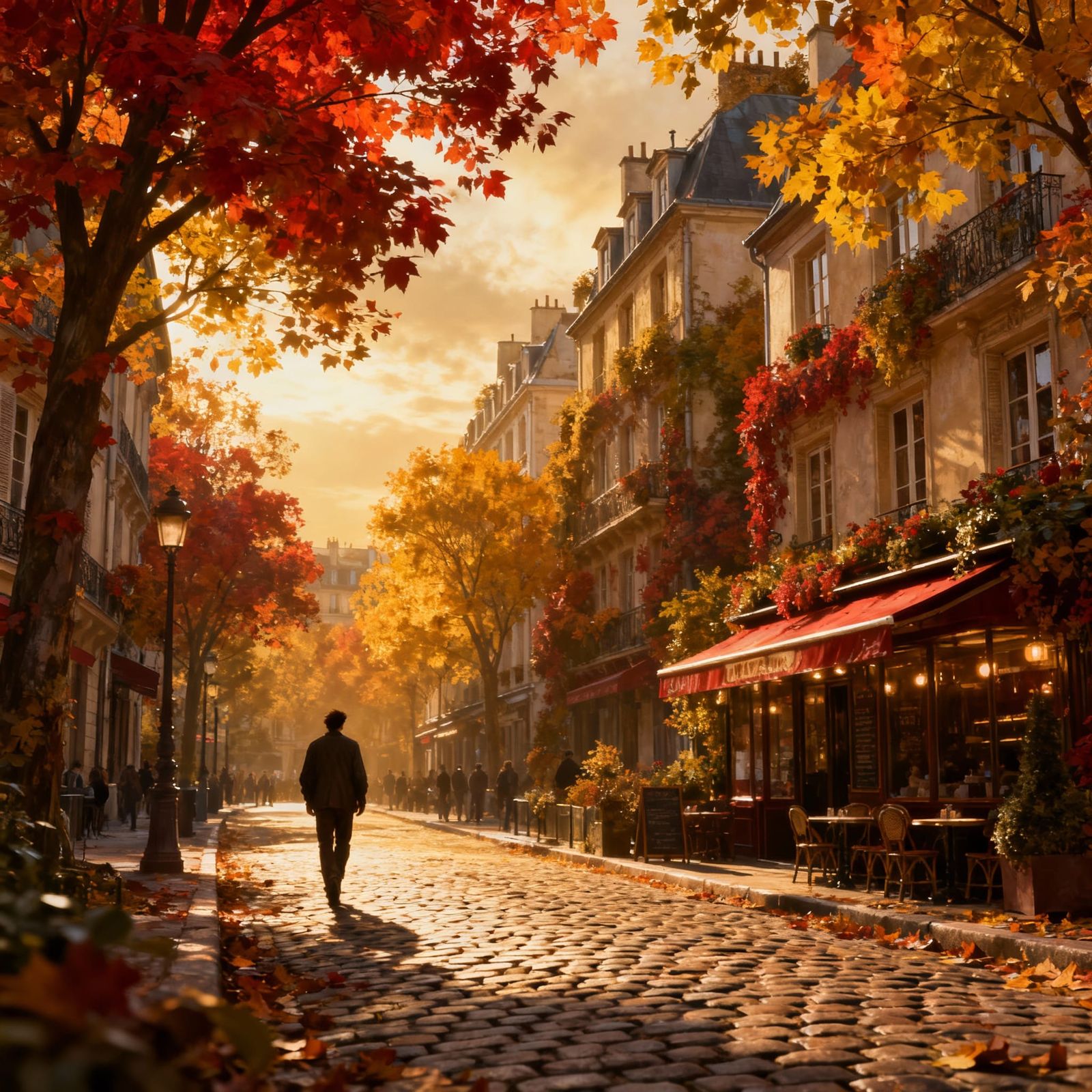 Parisian Autumn Street View in Golden Light