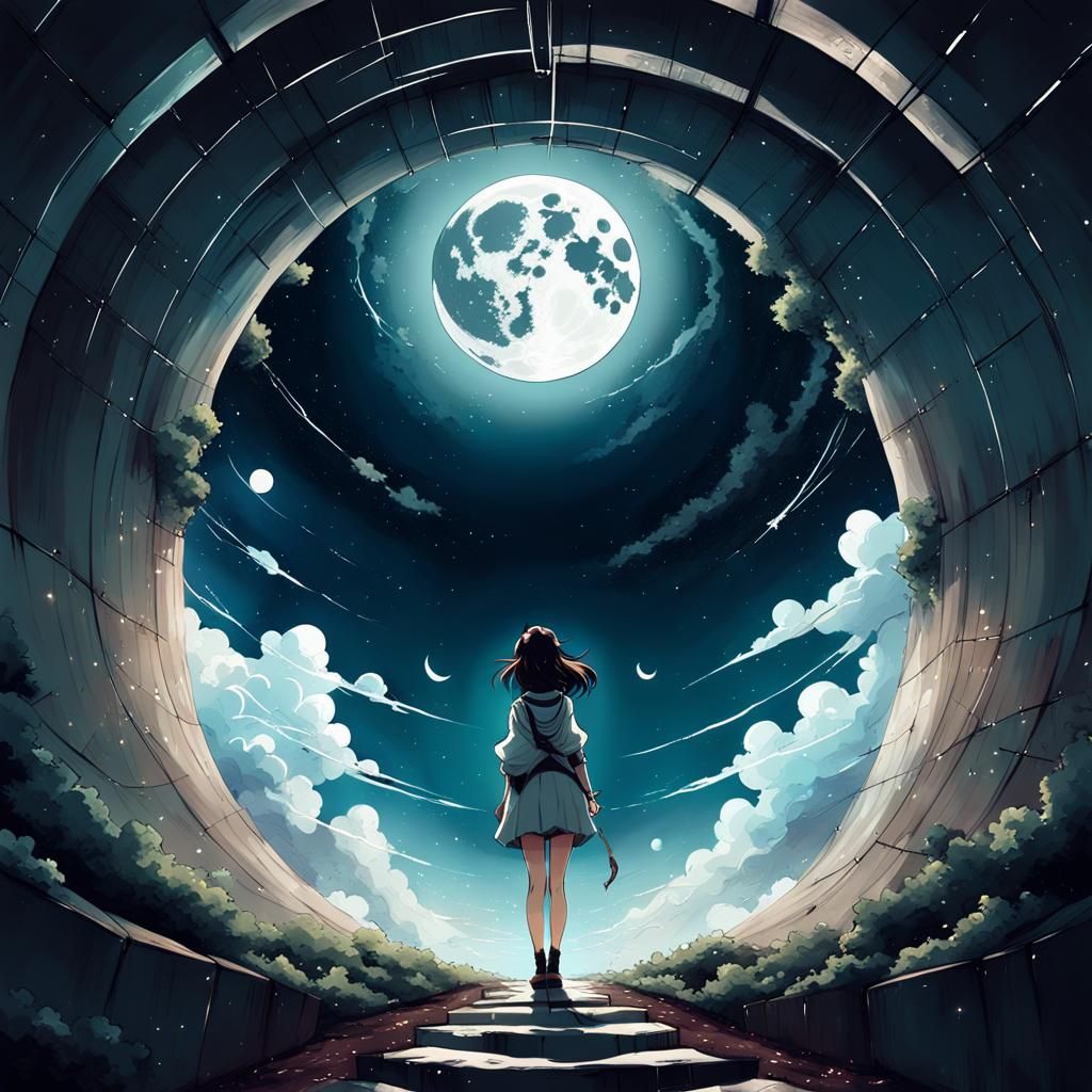 the moon and stars, round clouds, anime set...