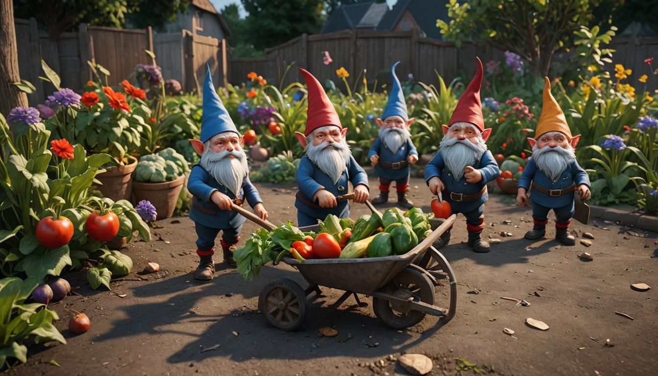 Evil Gnomes Stealing Vegetables in Hyperrealistic Twilight