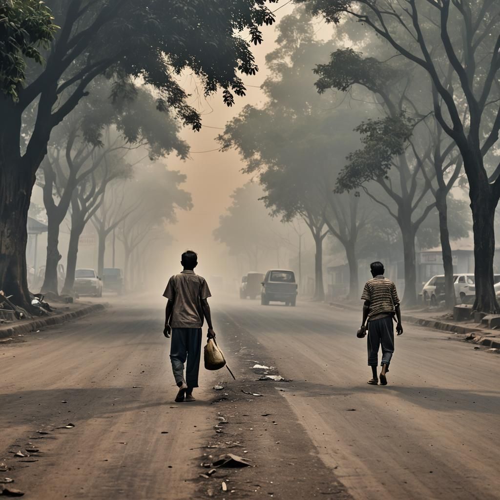 Solitary Figure on Smoky Road at Dawn